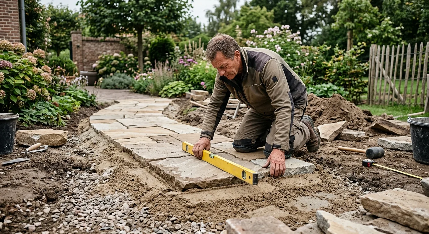 Hovenier legt bestrating aan in een tuin