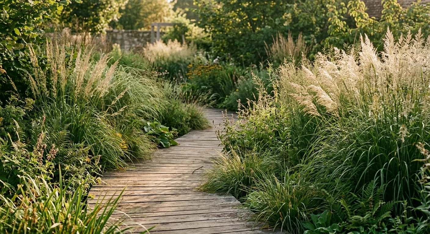 Tuin met siergrassen en houten pad in namiddaglicht