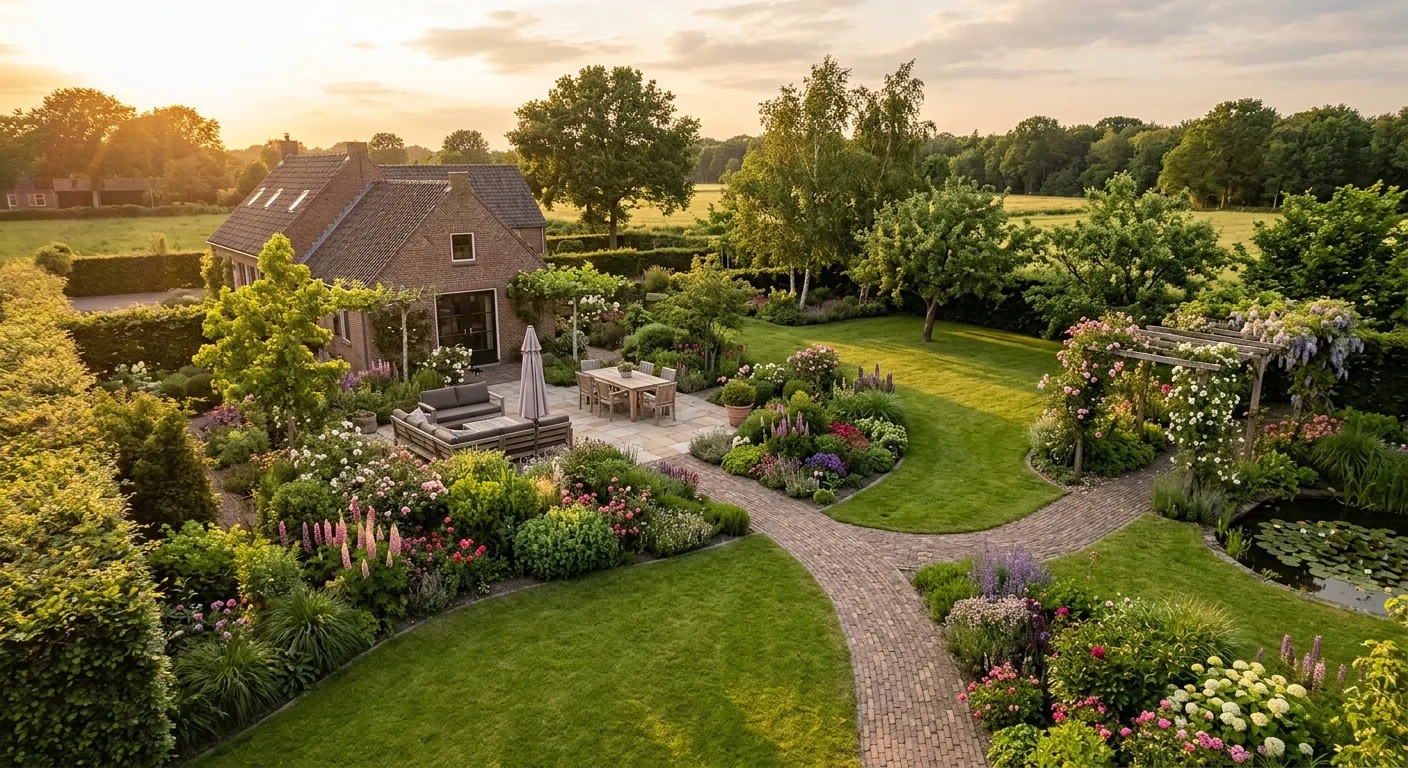 Aangelegde tuin met terras en borders in avondlicht