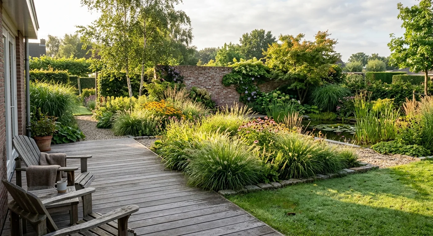 Aangelegde tuin met hardhouten terras en siergrassen in Reeuwijk