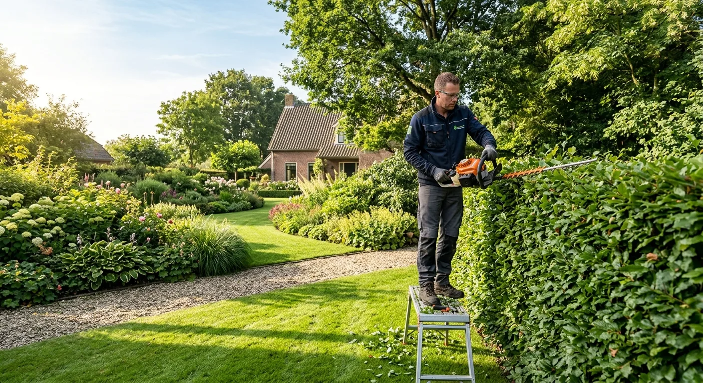 Vakman snoeit een groene haag