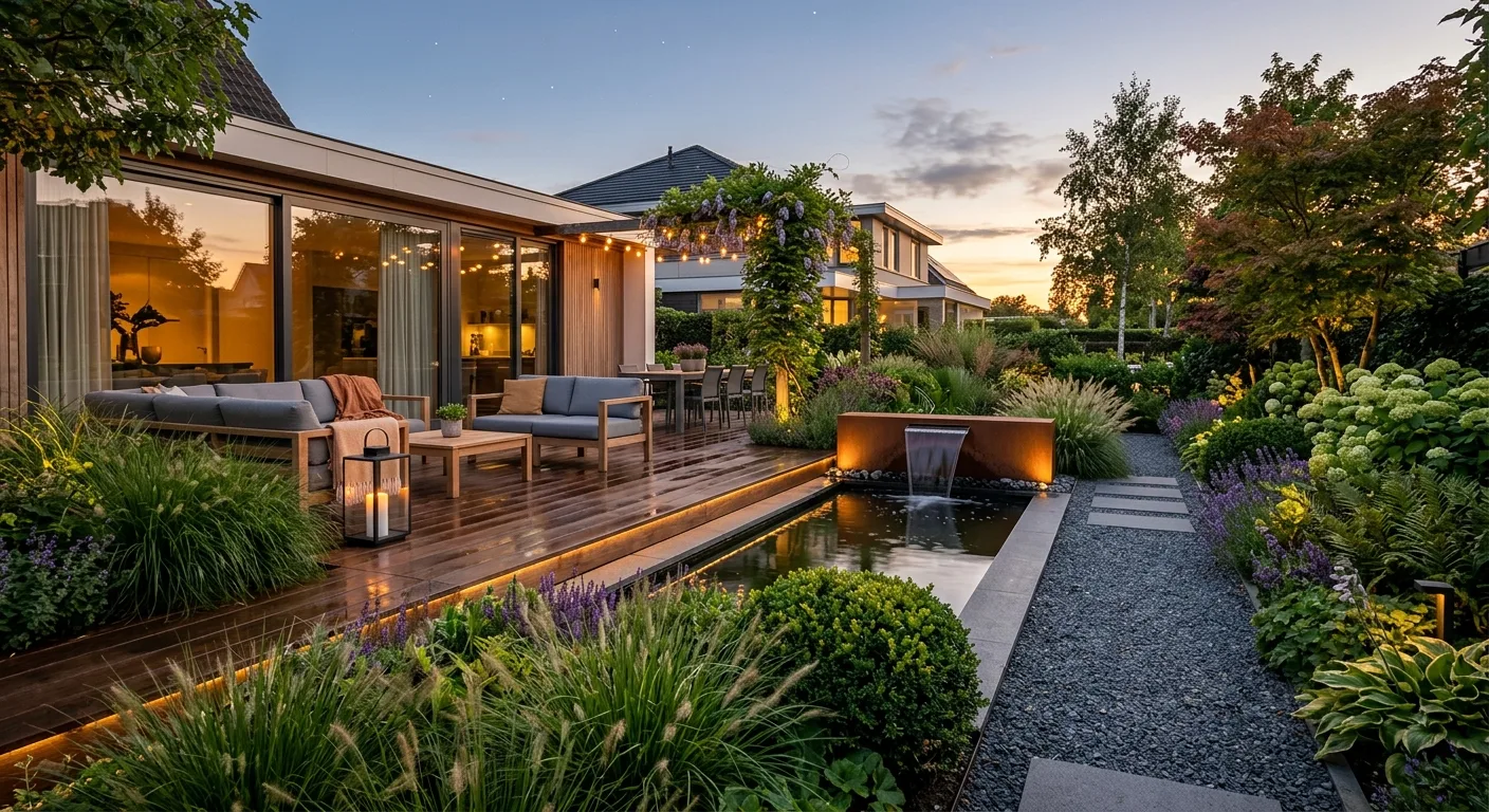 Moderne tuin met vlonderterras en waterelement