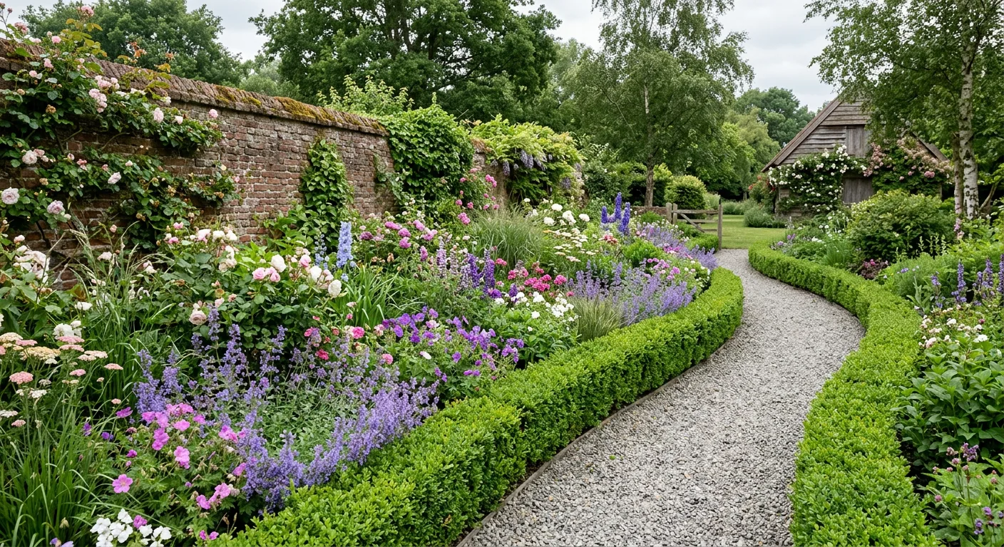 Landelijke tuin met grindpad en border