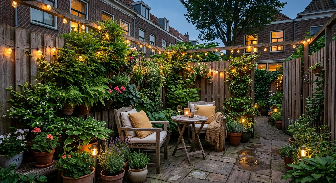 Kleine stadstuin met verticaal groen en sfeerverlichting