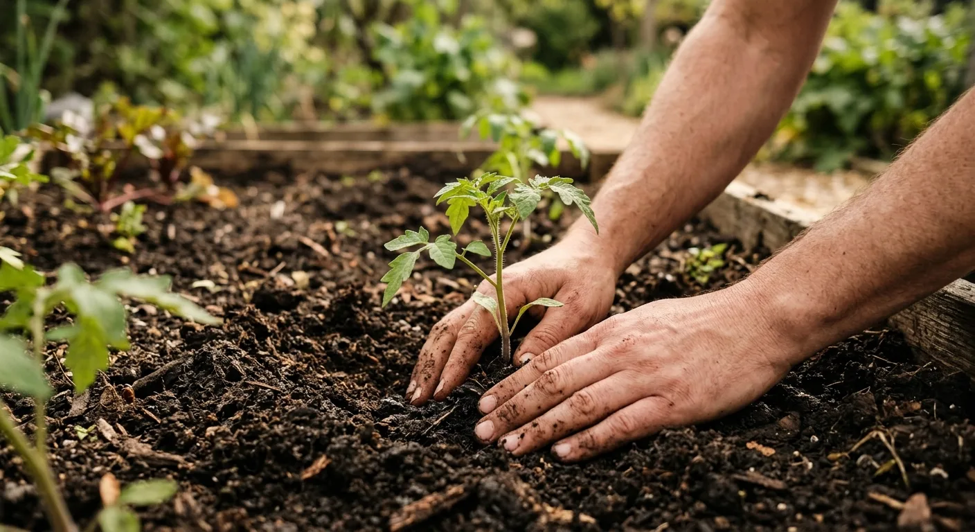 Handen zetten een jonge plant in donkere aarde