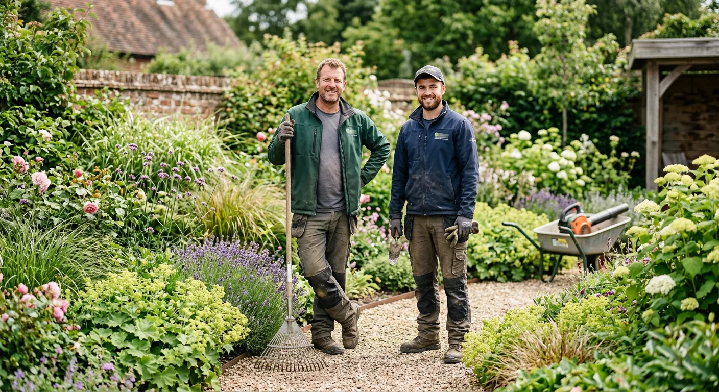 Twee hoveniers in een aangelegde tuin